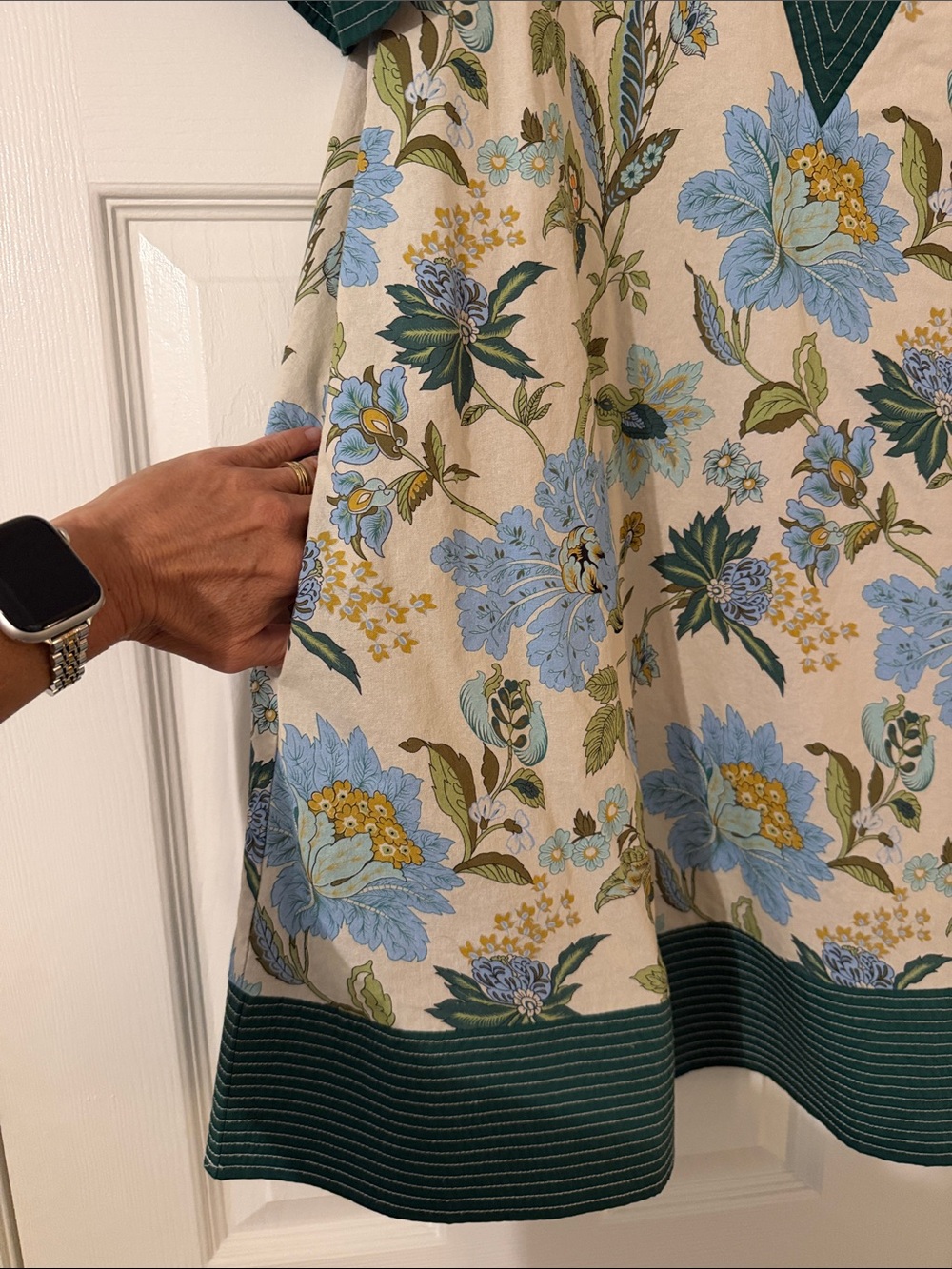 Cream Floral Tunic Dress with Green Trim - Picture 2 of 6